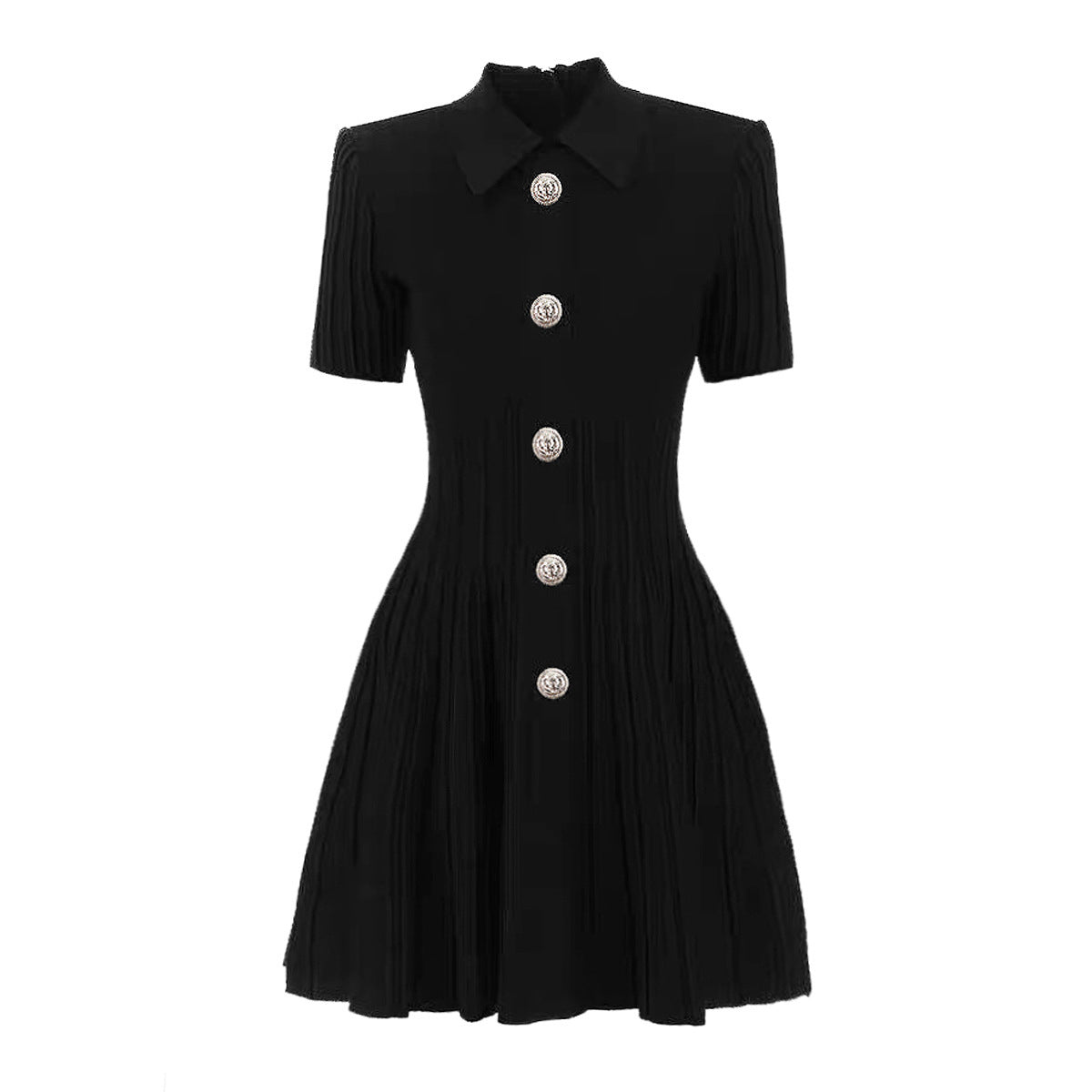 A black luxury knitted lapel A-line mini dress with short sleeves and buttons down the front-fit and flare design on a white background.