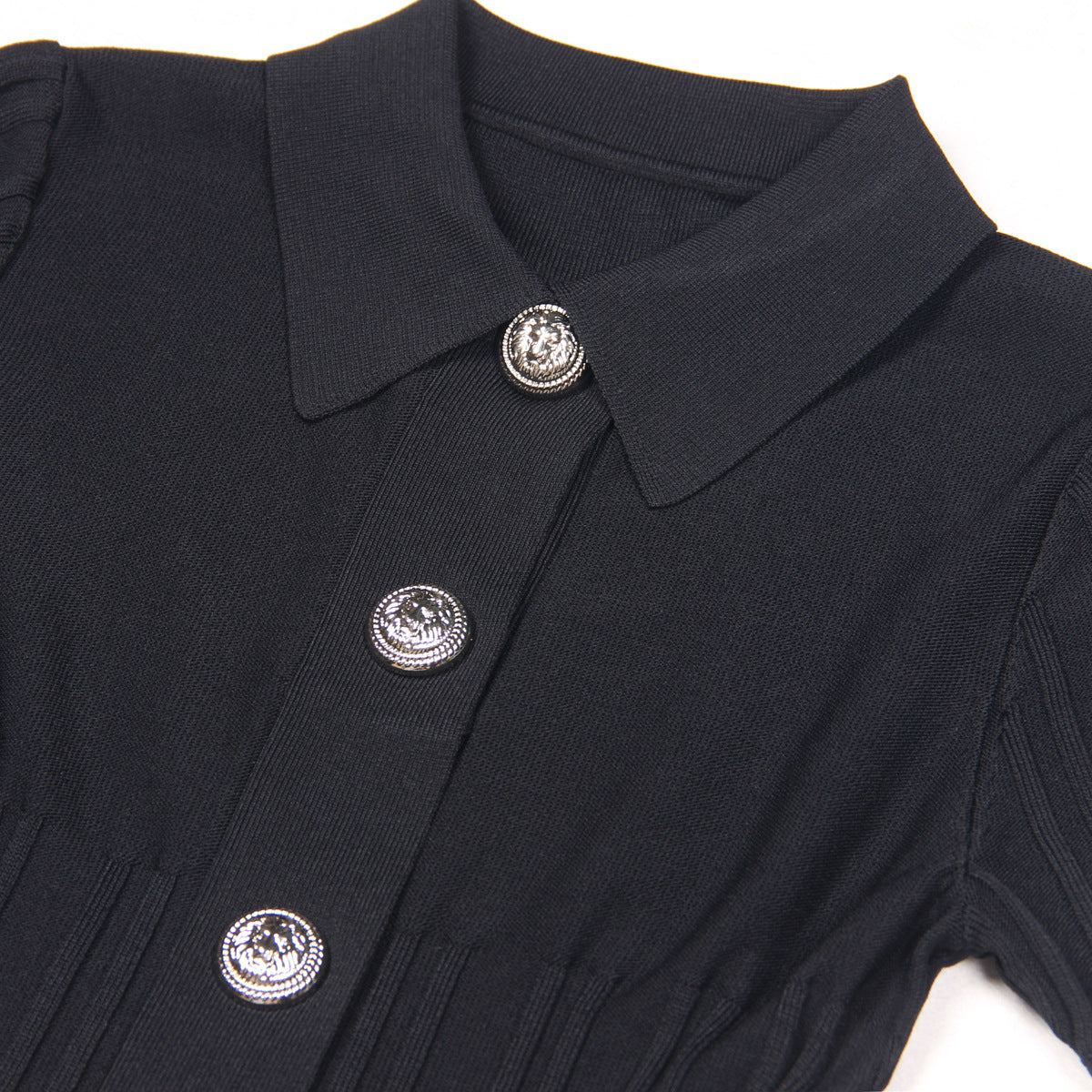 Close-Up of Luxury Knit Dress for women fashion with Lapel Collar and statement Buttons in Black