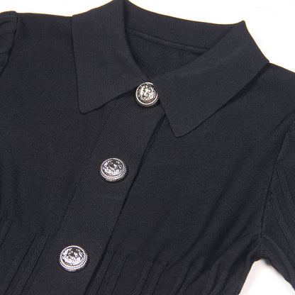 Close-Up of Luxury Knit Dress for women fashion with Lapel Collar and statement Buttons in Black