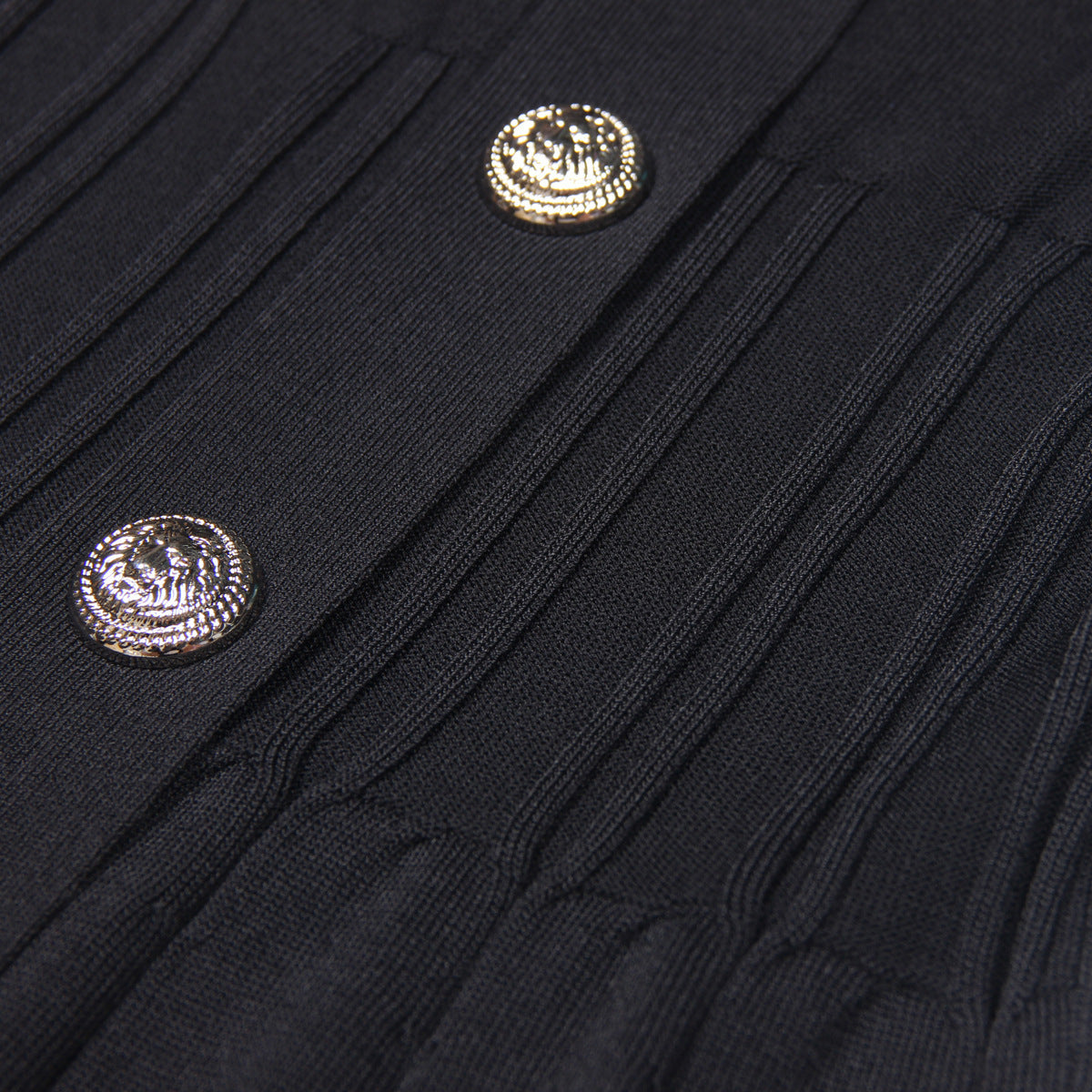 Close-Up pleated waistline of Luxury Knit mini Dress with Lapel Collar and Buttons in Black