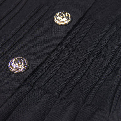 Close-Up pleated waistline of Luxury Knit mini Dress with Lapel Collar and Buttons in Black