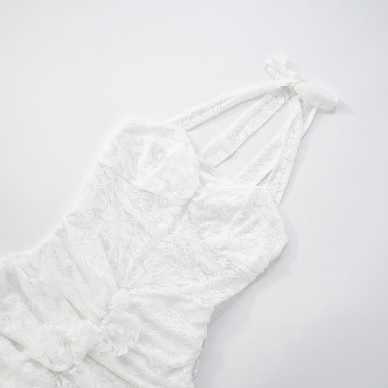 White lace halter backless maxi party  dress on a light white background