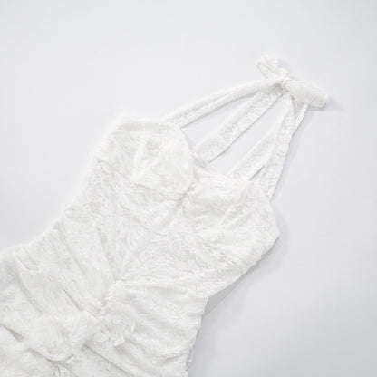 White lace halter backless maxi party  dress on a light white background