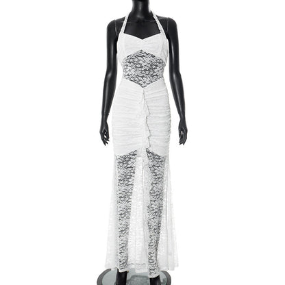 White halter lace maxi party dress with scrunch skirt on a mannequin against a white background