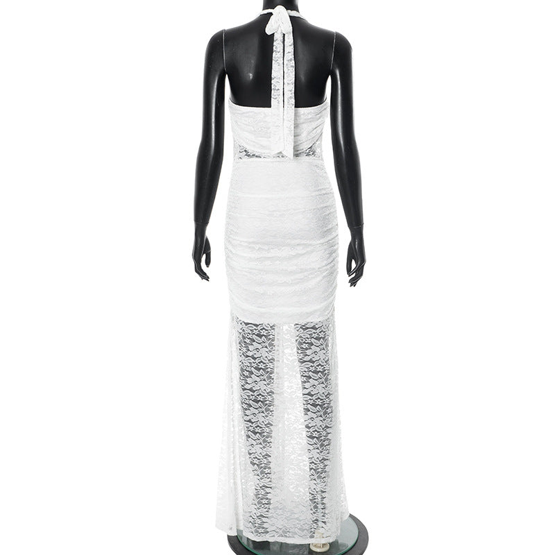 White halter lace maxi party dress on a mannequin against a white background