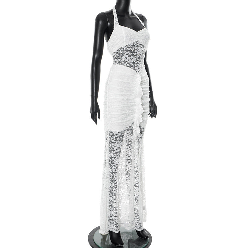 Mannequin wearing a white lace halter evening maxi party dress on a white background