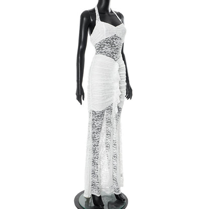Mannequin wearing a white lace halter evening maxi party dress on a white background