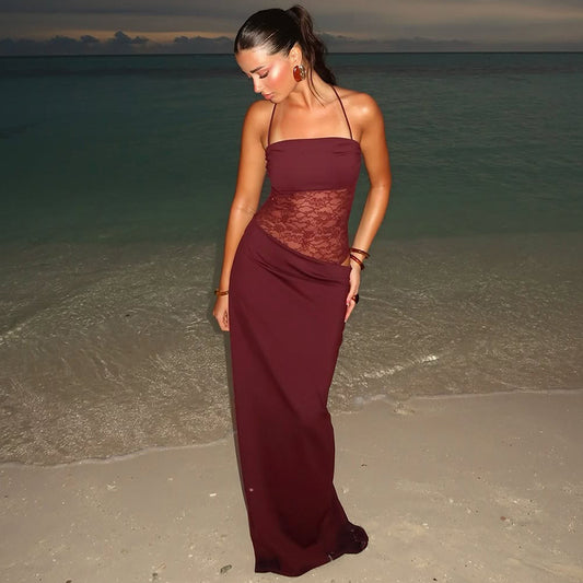 Lace Bodice Tie Long Dress