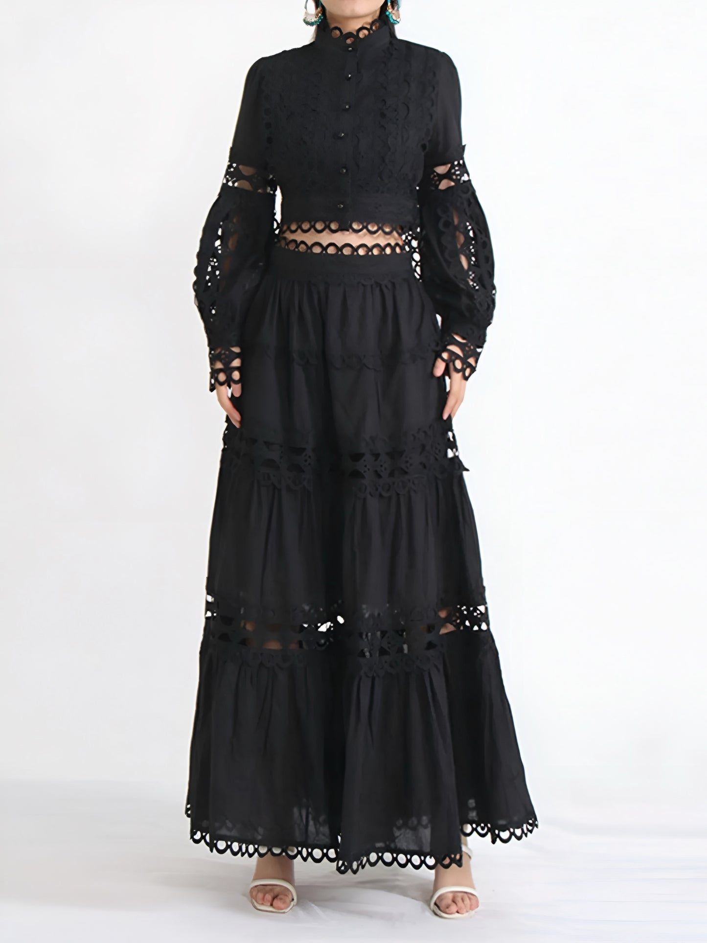 Chic black lace button long sleeve top and maxi skirt formal women’s two piece set on a woman