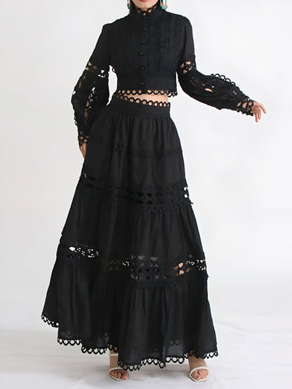 Elegant black lace button short top and maxi skirt formal two piece co-ord set on a woman