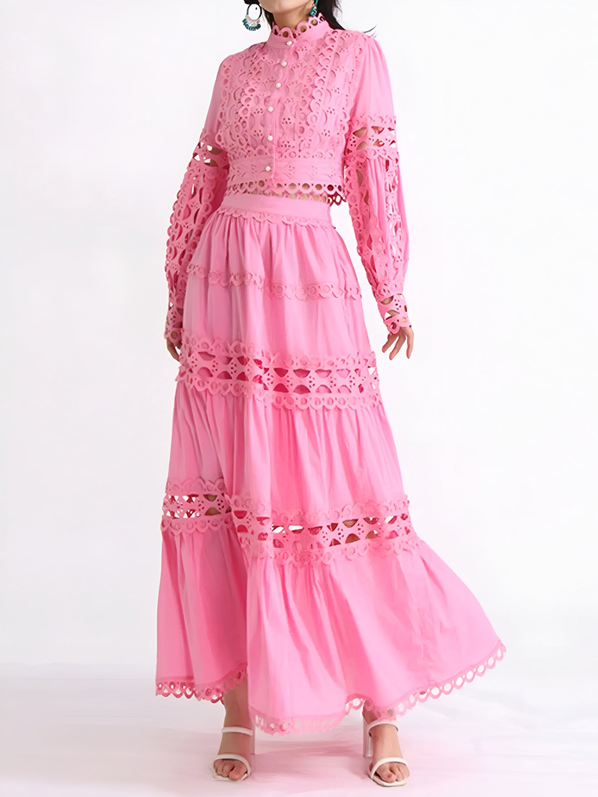 Model wearing a pink lace button-up top and maxi skirt two-piece co-ord set for women