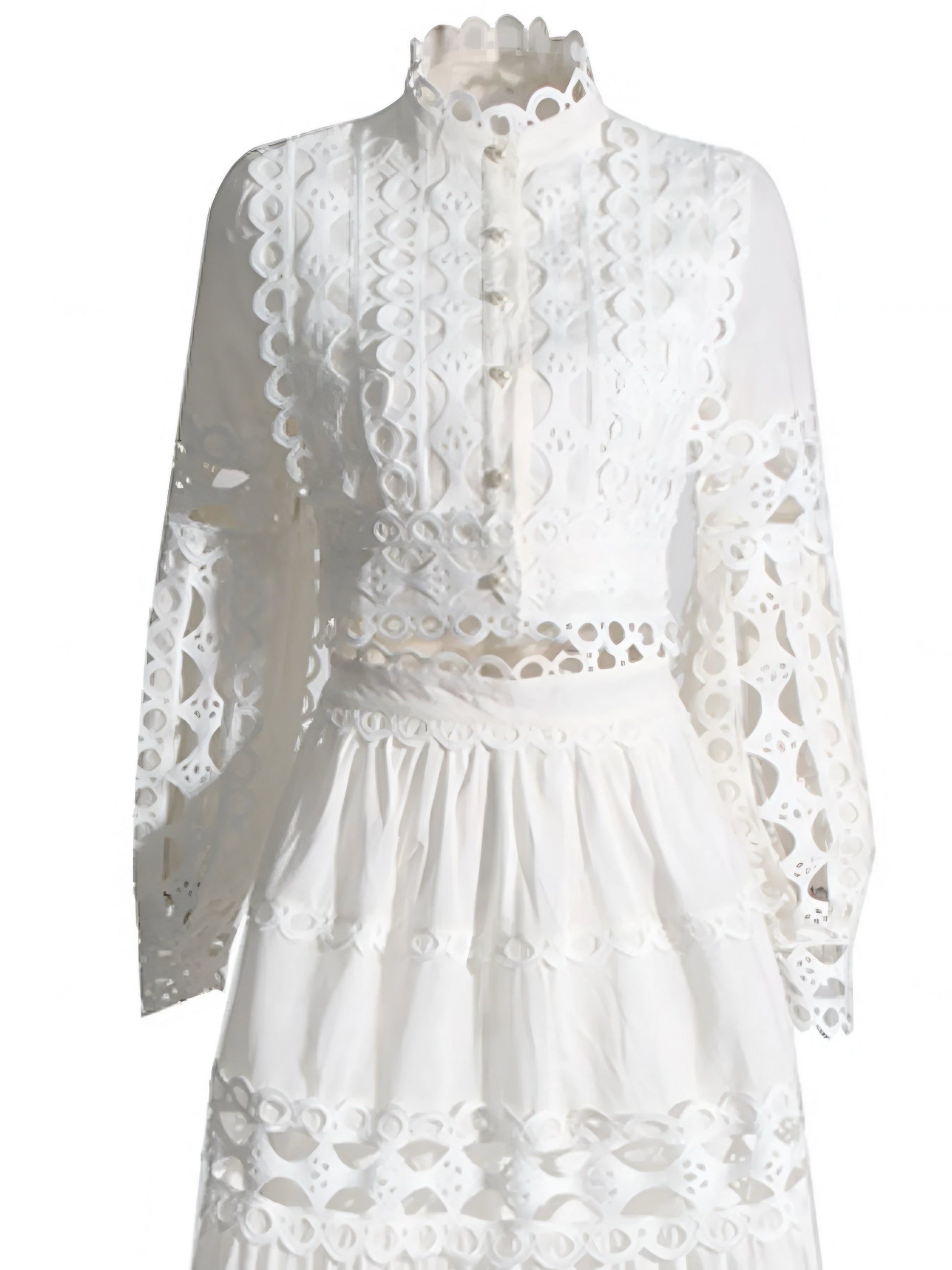 White lace top with long sleeves  and maxi skirt two piece high quality set on a white background