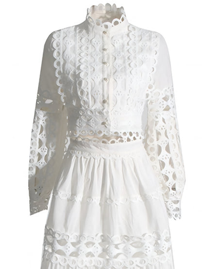 White lace top with long sleeves  and maxi skirt two piece high quality set on a white background