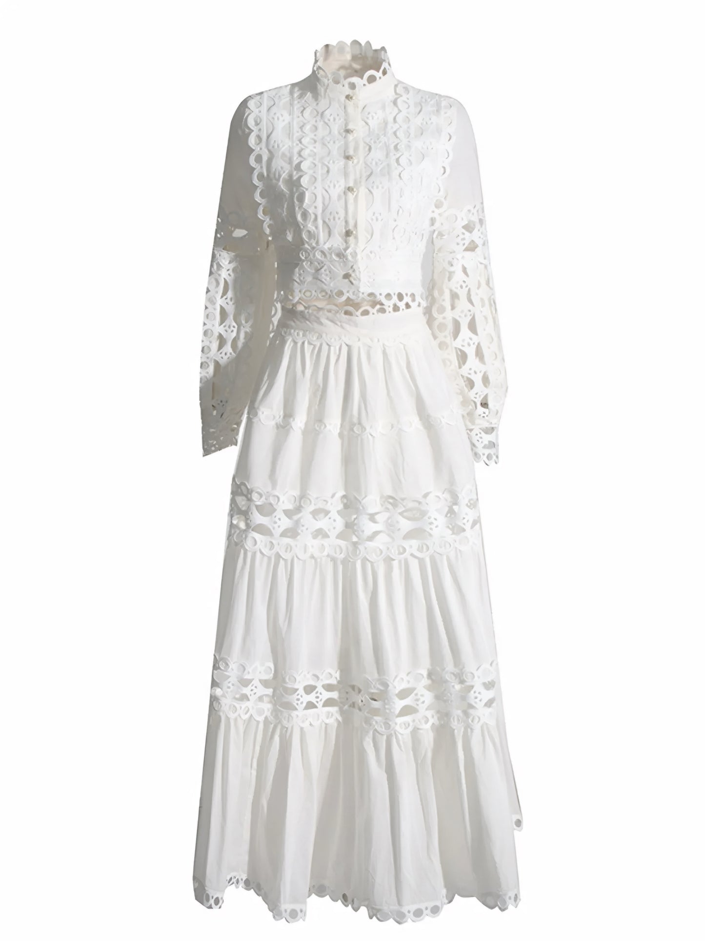 Elegant lace top and tiered maxi skirt two piece matching outfit set  in white