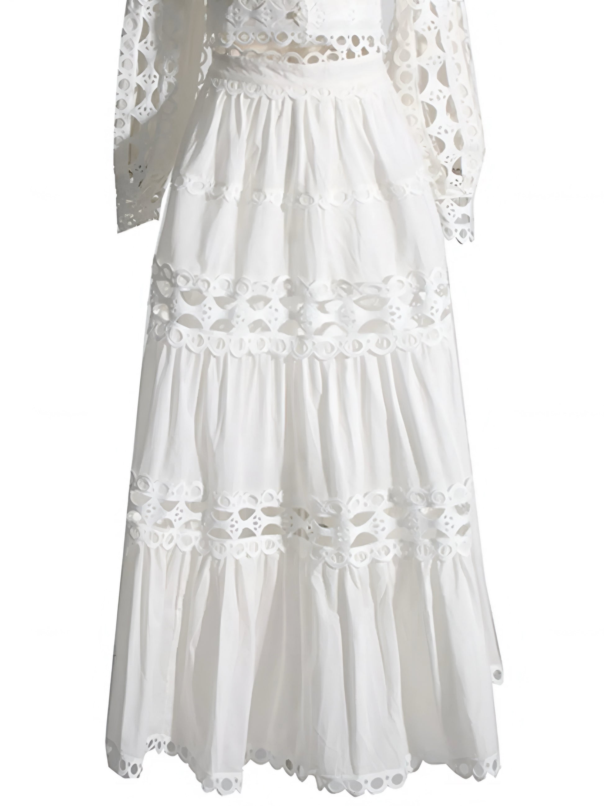 Elegant lace blouse and tiered maxi skirt outfit in white
