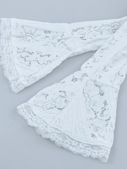 close up of flounce sleeve for White Lace Off-Shoulder Maxi Dress on a gray background