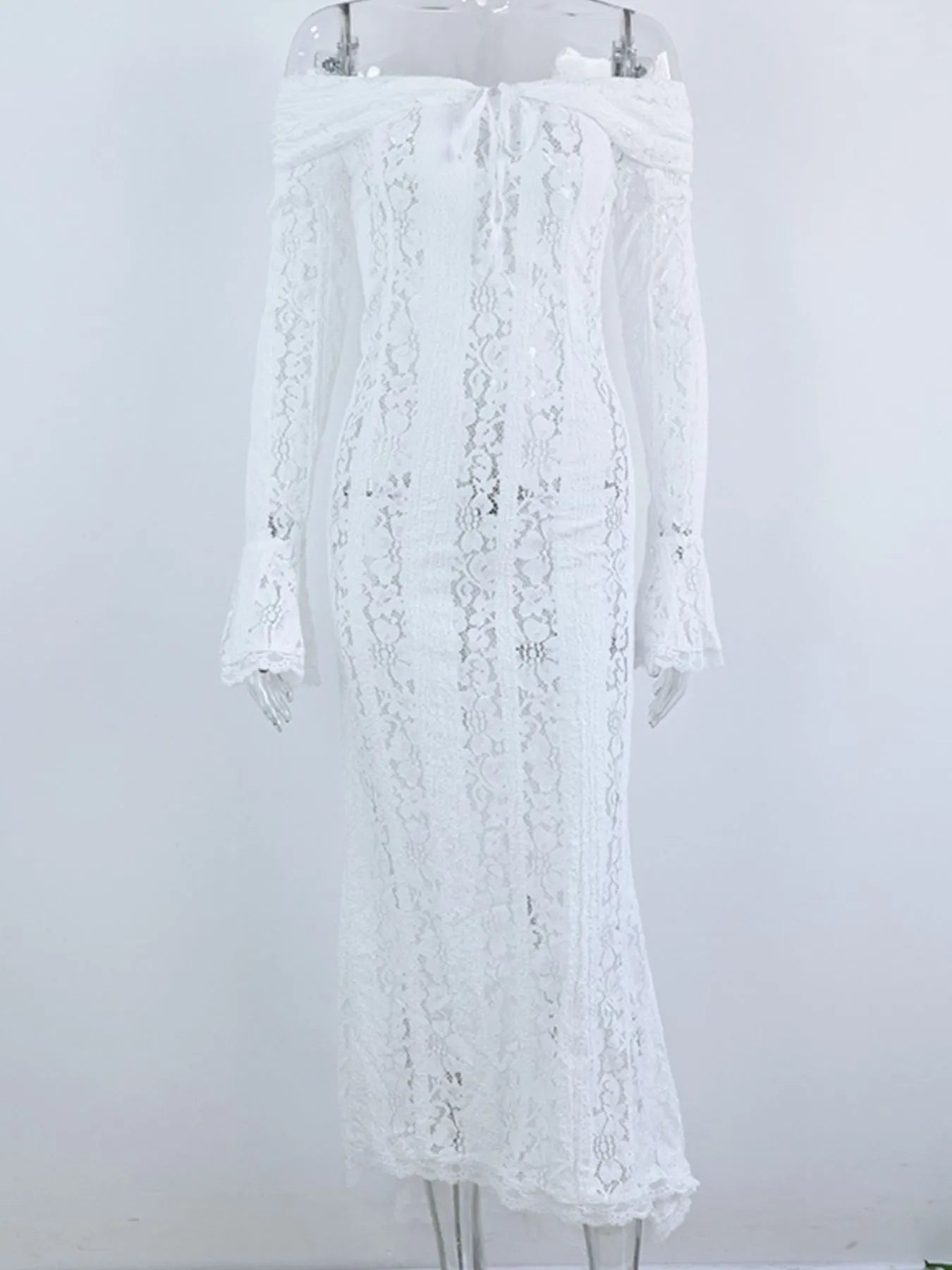 White Lace Off-Shoulder Maxi Dress with Flounce Sleeves on a mannequin against a white background