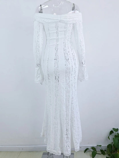 White Lace Off-Shoulder Maxi Dress with Flounce Sleeves on a mannequin back view against a white wall with a plant in the corner.