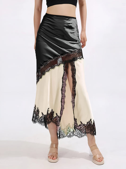 Woman wearing a designer inspired midi skirt with black and cream/ivory contrast design on a plain background