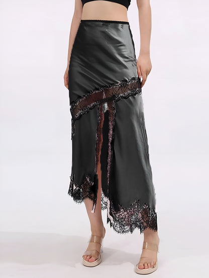 luxury high fashion black satin skirt with lace trim with front slit worn by a woman on a white background