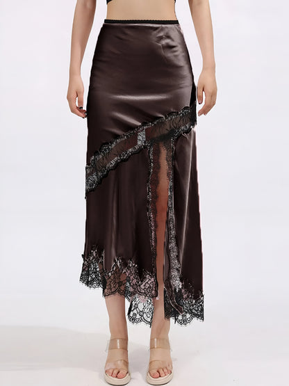 Woman wearing a luxury brown satin midi skirt with lace details and front slit on a white background