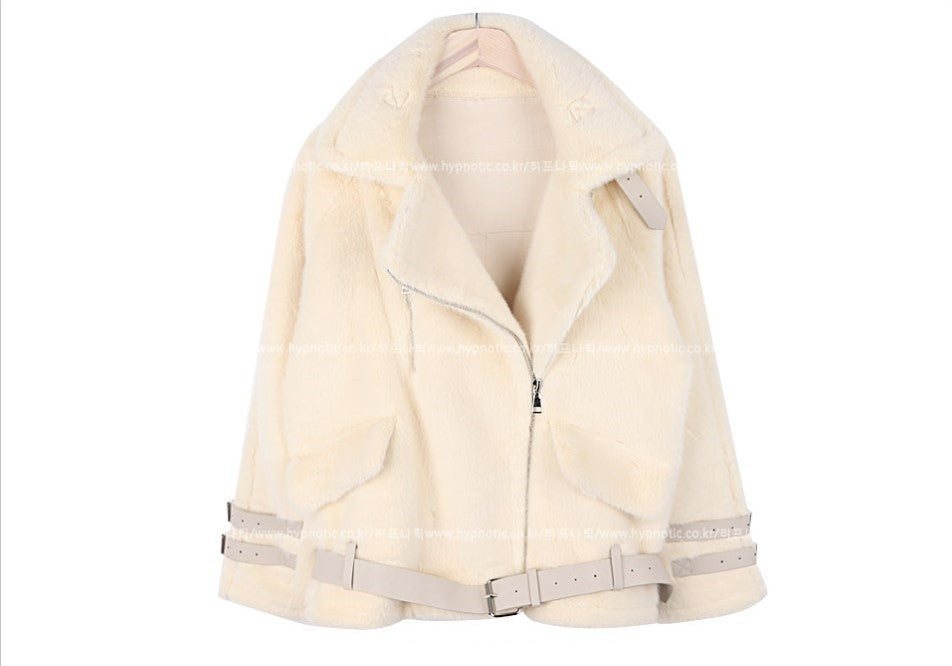 A white  lux faux fur coat with a stand-up collar and leather buckle on a hanger on a white background