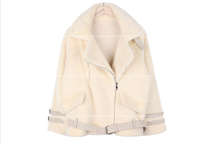 A white  lux faux fur coat with a stand-up collar and leather buckle on a hanger on a white background