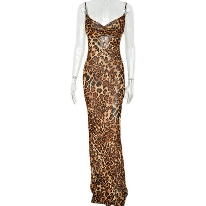 front view of leopard animal print sleeveless bodycon dress with a scoop neckline and lace-up back on a mannequin
