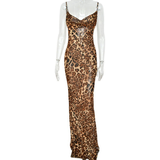 front view of leopard animal print sleeveless bodycon dress with a scoop neckline and lace-up back on a mannequin