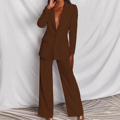 Woman modeling a brown elegant long sleeve blazer and matching trousers suit set for office wear.

