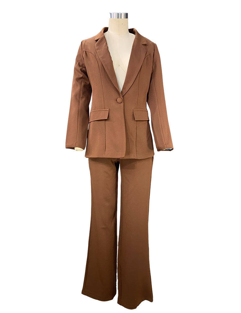 Brown two piece tailored pant suit for women on a mannequin