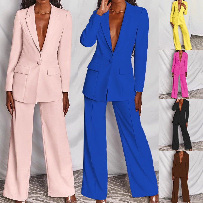 A collage of images showcasing long sleeve trousers suit set for women in various colors, including pink, yellow, black, rose red, brown, and blue. 