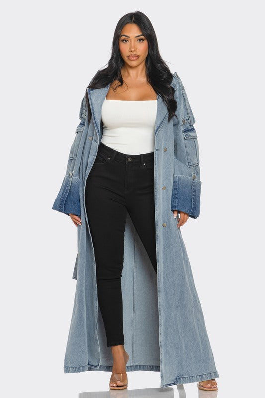 fashion-forward long premium luxe denim coat street style for women trendy fashion 2025 on model 
