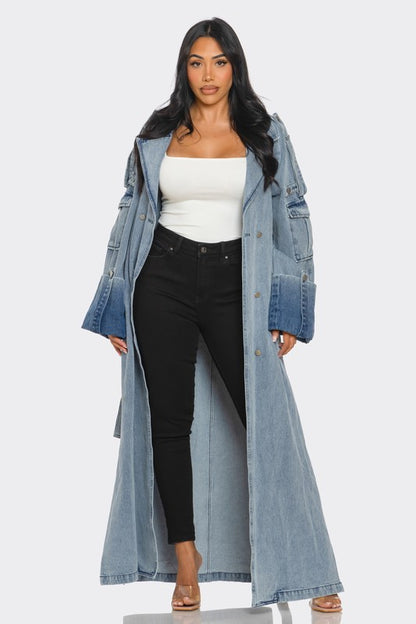 fashion-forward long premium luxe denim coat street style for women trendy fashion 2025 on model 