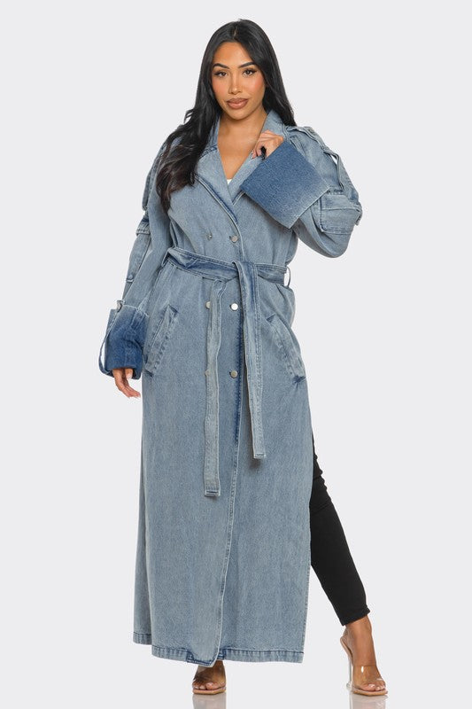 Model wearing longline light wash street luxe denim trench coat front view