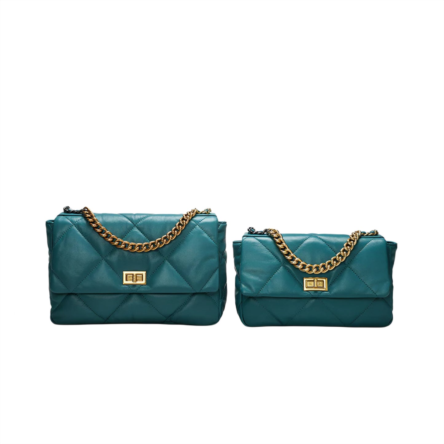 Malachite green quilted diamond pattern handbags one large one small on a white background