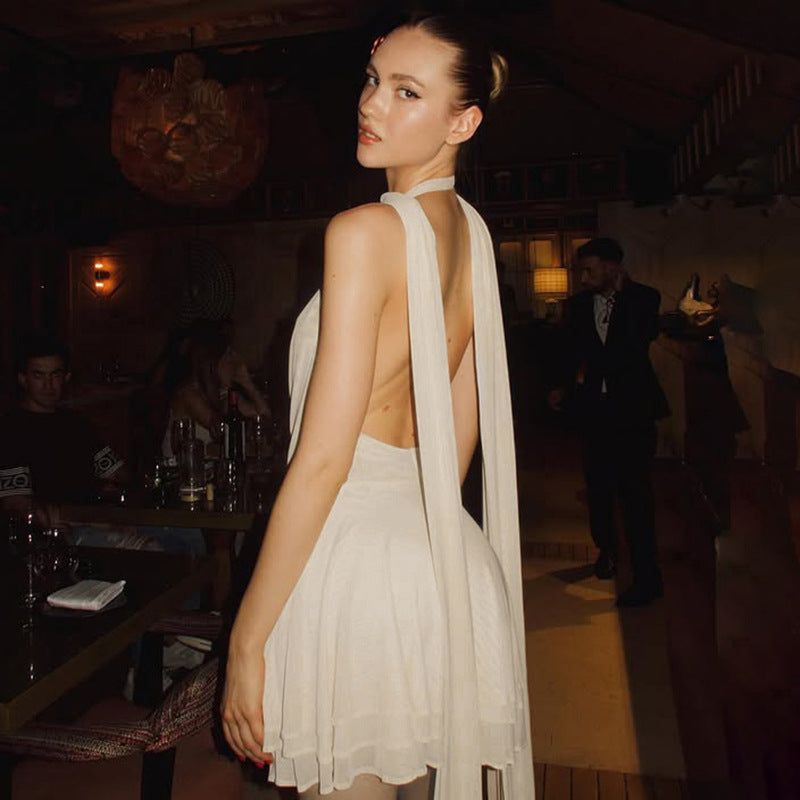Deep V Swing Collar Halter Ribbon Dress