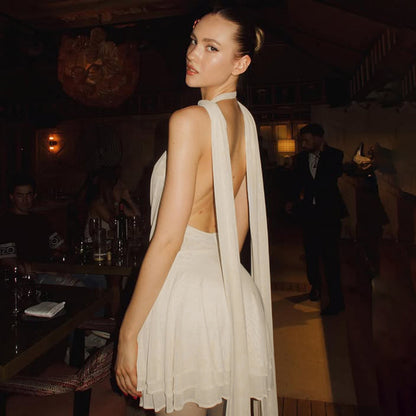 Deep V Swing Collar Halter Ribbon Dress