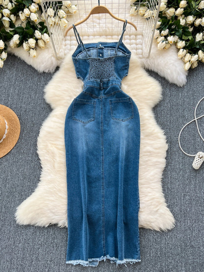 Retro Denim Dress With Frayed Hem Split