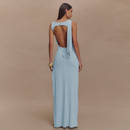 Round Neck Draped Backless Dress