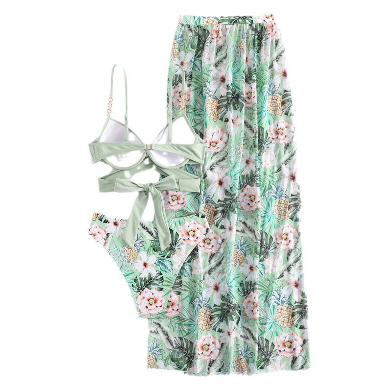 Printed Floral Bikini Three-piece Suit