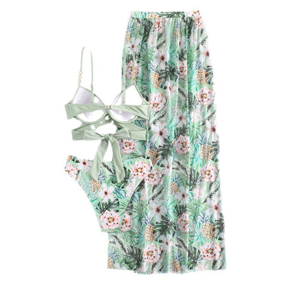 Printed Floral Bikini Three-piece Suit