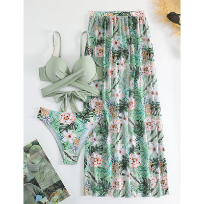 Printed Floral Bikini Three-piece Suit