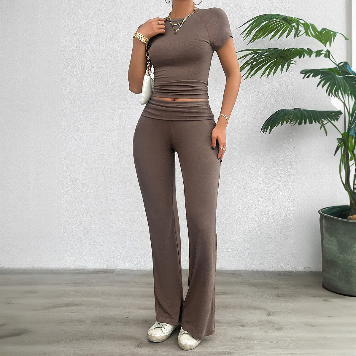 Solid Color Slim-Fit Short Sleeve Co-Ord Set