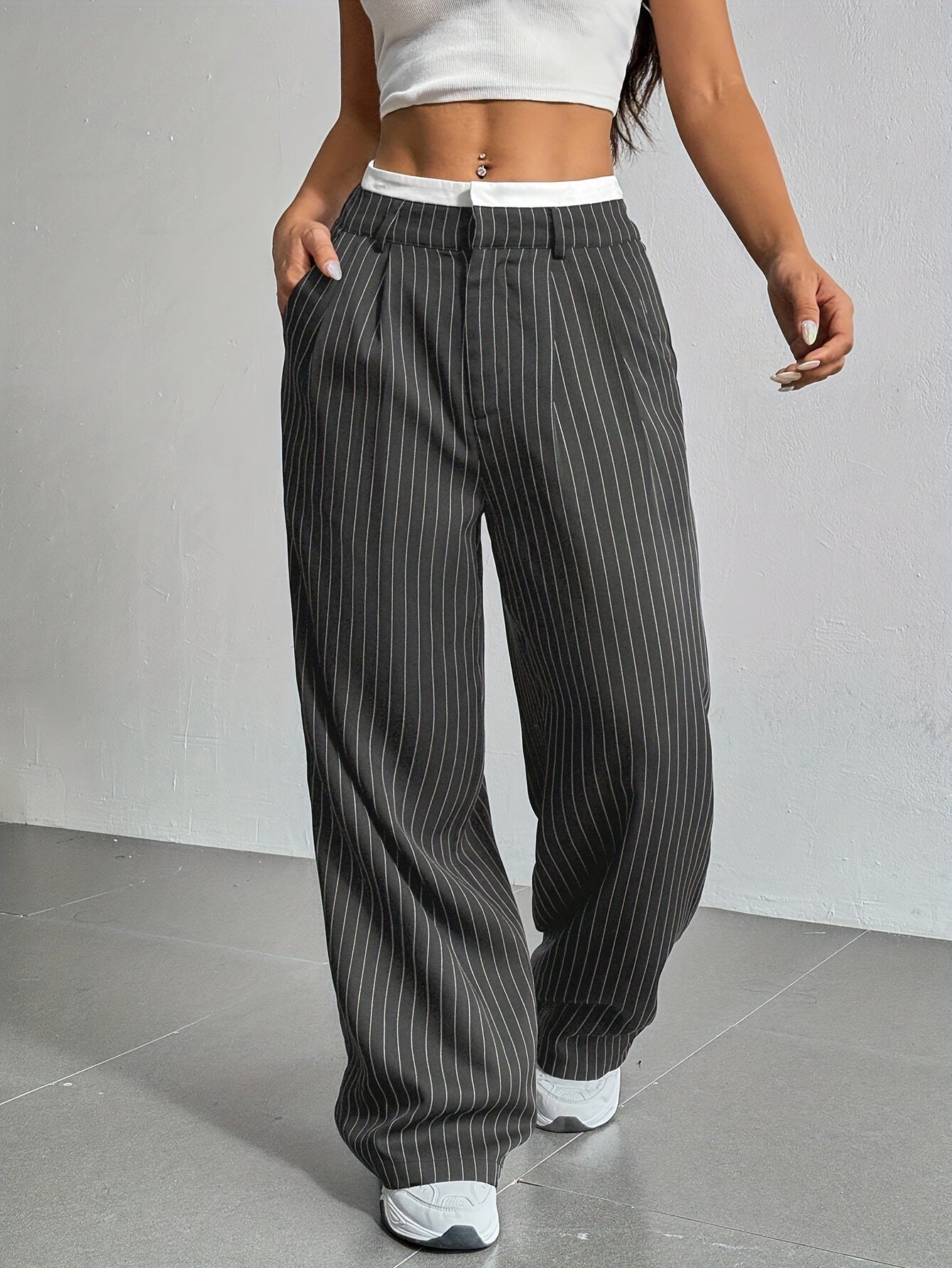 Stripe High Waist Straight Leg Trousers