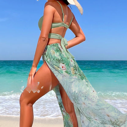 Printed Floral Bikini Three-piece Suit