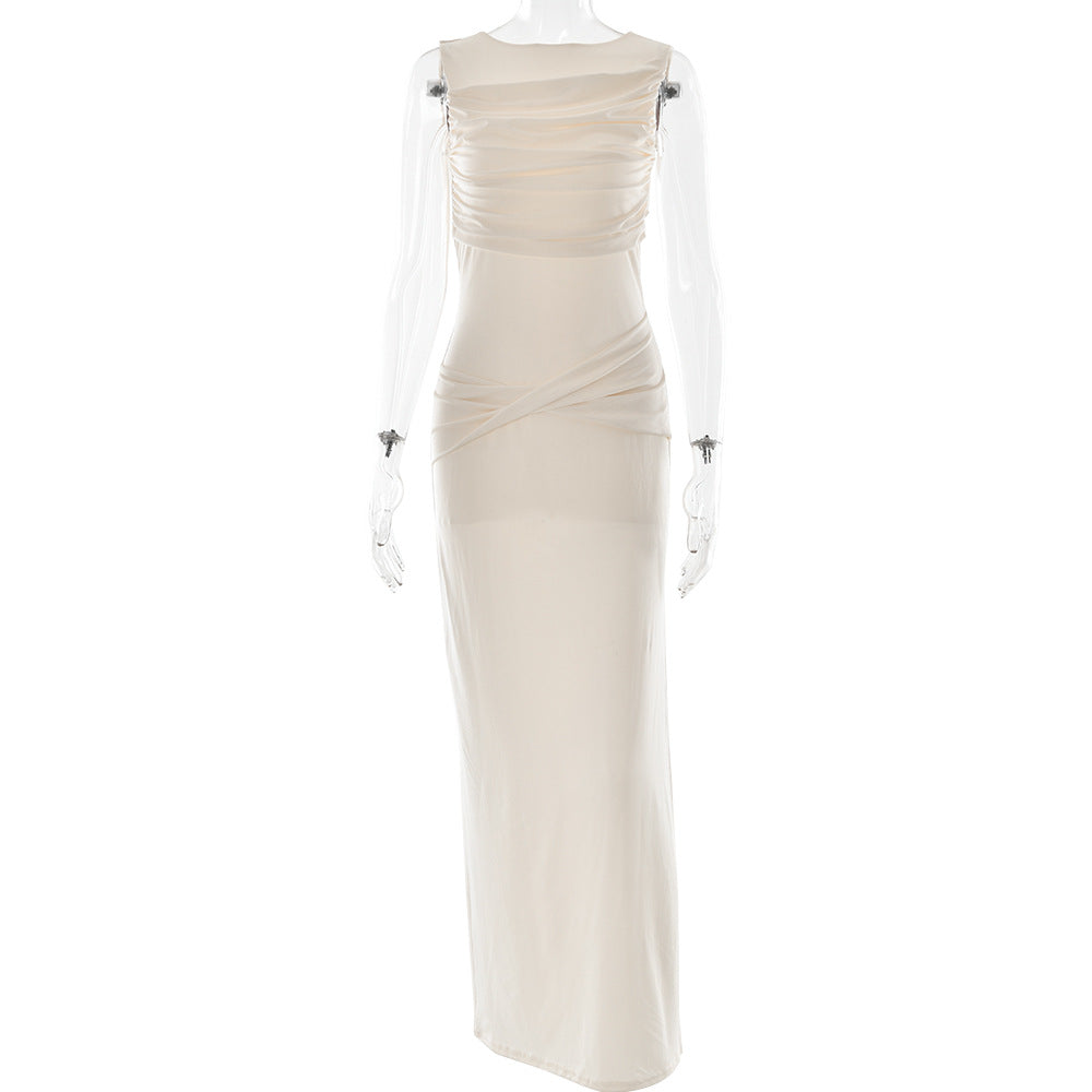 Round Neck Draped Backless Dress