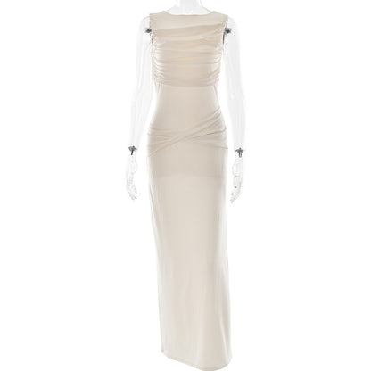 Round Neck Draped Backless Dress