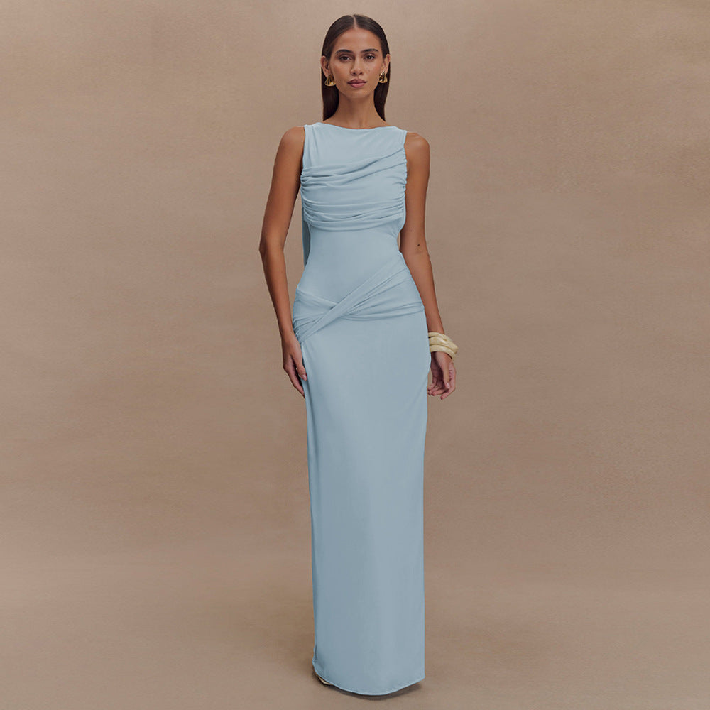 Round Neck Draped Backless Dress