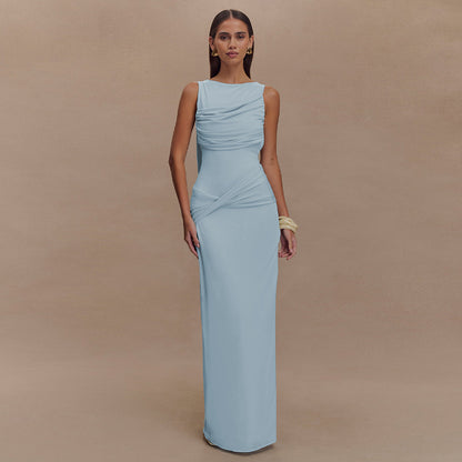 Round Neck Draped Backless Dress